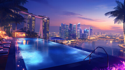 Obraz premium Iconic hotel and entertainment complex with rooftop infinity pool overlooking singapore skyline, marina bay sands. Skyspark. Illustration