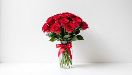 Fototapeta premium Red roses bouquet in glass vase with ribbon