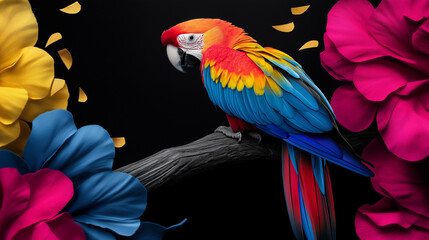 Fototapeta premium Vibrant macaw parrot amidst colorful flowers.