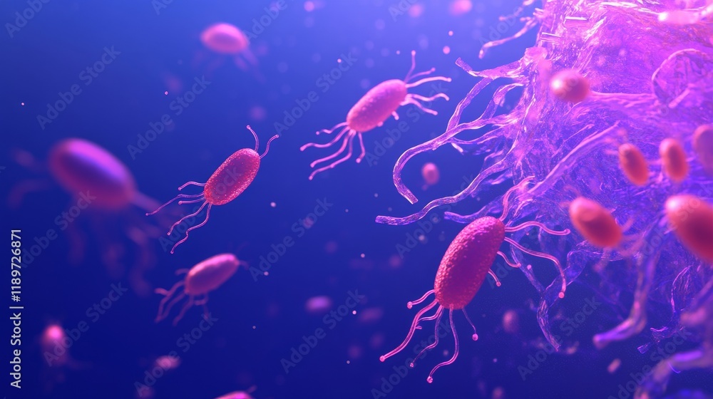 Poster a detailed 3d rendering of a virus with a dna helix and rna molecules forming the background.