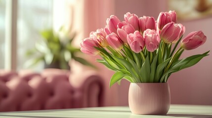 Fototapeta premium Elegant pink tulips in a vase on a table in a sunlit room