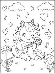 Printable Unicorn coloring page for kids. a cute unicorn playing guitar. Adorable unicorn cartoon characters for children's activity books.
