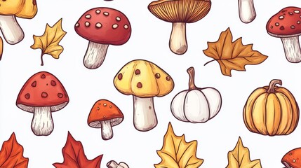 Autumn mushroom pumpkin leaf pattern background design