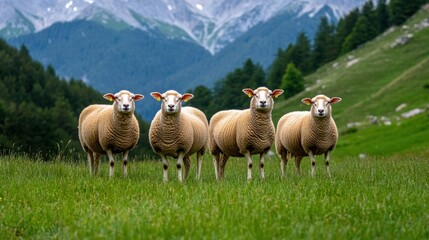 Obraz premium Group of Four Sheep Grazing on Lush Green Meadow with Majestic Mountain Background on a Clear Day in Nature's Serene Landscape