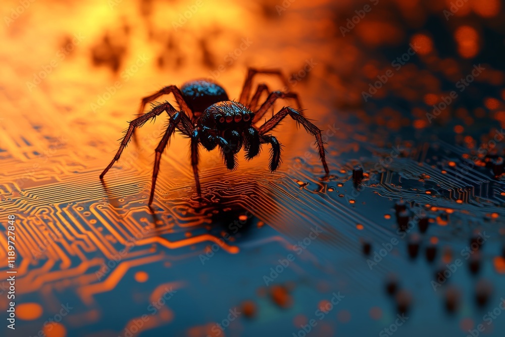 Poster a close-up of a spider positioned on a computer circuit board, symbolizing concepts of spying techno