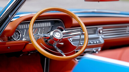 Naklejka premium Interior View of a Classic Retro Car Showcasing Vintage Design Details and Craftsmanship