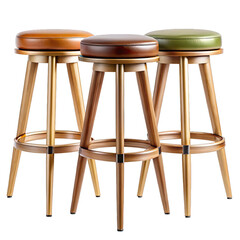 These stylish bar stools exhibit a blend of elegance and functionality with wooden bases and colorful leather seats ideal for enhancing any contemporary space