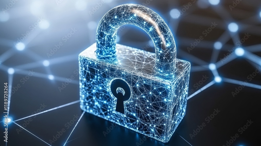 Aufkleber visual depiction of a cyber security lock superimposed on blue digital network lines, symbolizing th