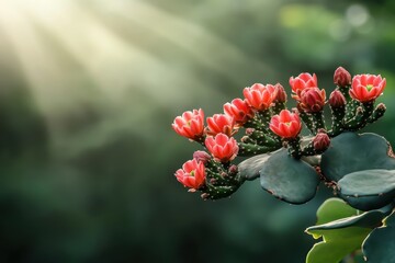 Beautiful vibrant pink cactus flowers blooming against a soft blurred background with sunlight filtering through, showcasing nature's delicate artistry and resilience in desert flora.