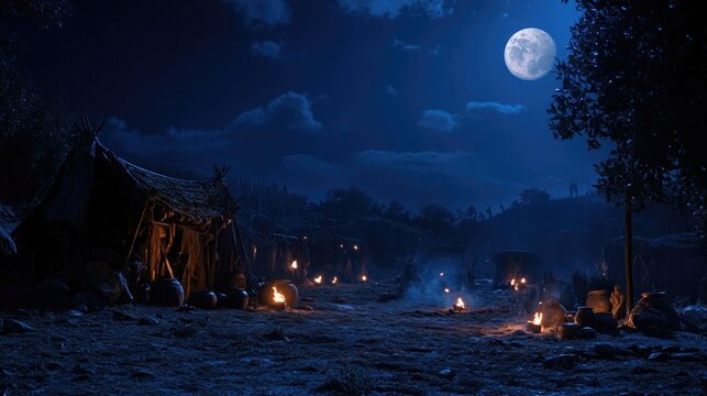 Nighttime encampment scene with torches in clay jars glowing, Gideon and his band about to break the jars, preparing for a surprise attack.