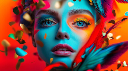Vibrant portrait of a woman with colorful makeup and feathers.