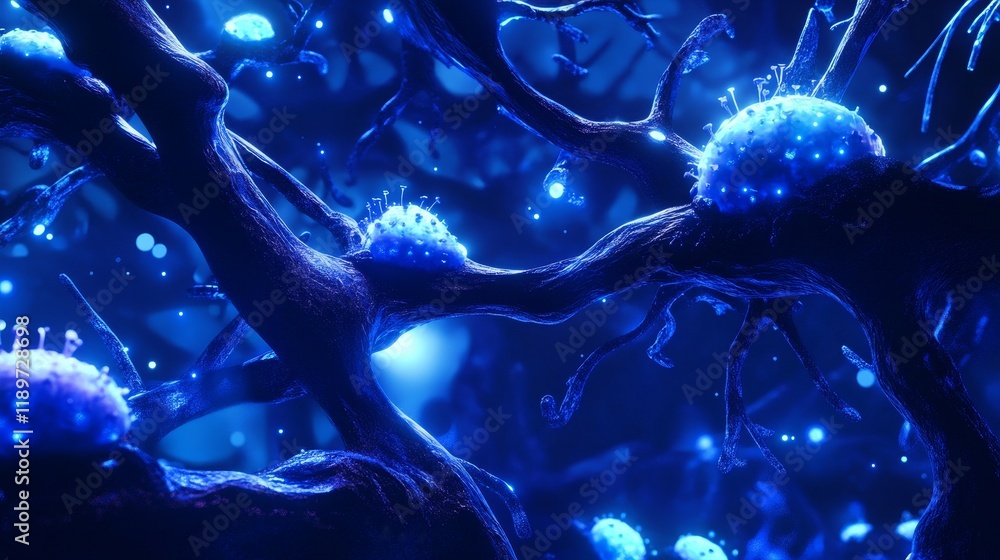 Poster an intimate look at an abstract molecular design, illuminated by vibrant blue and orange lights. the