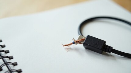 A damaged charging cable lies on a blank notepad, its exposed wires revealing internal components