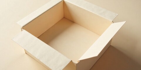 Empty Square Cardboard Box Partially Open on Beige Background Ready for Packaging and Presentation
