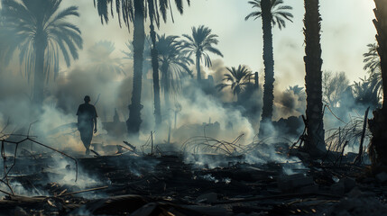 Silhouette of person walking through thick smoke and flames in a fiery landscape with palm trees. Scene of destruction, emergency, danger, and resilience, perfect for apocalyptic environmental themes