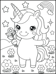 Illustration of a cute unicorn cartoon character. Black and white Printable Unicorn coloring page for kids.