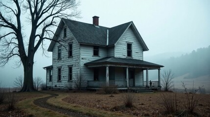 A weathered farmhouse stands solitary, shrouded in mist, a lonely sentinel on a path winding through autumnal grasses, near a leafless tree.