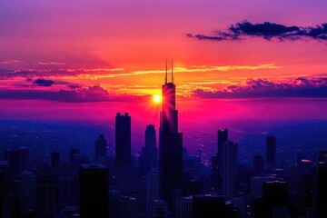 black and white silhouette of the chicago skyline against a vibrant sunset capturing the essence of urban life