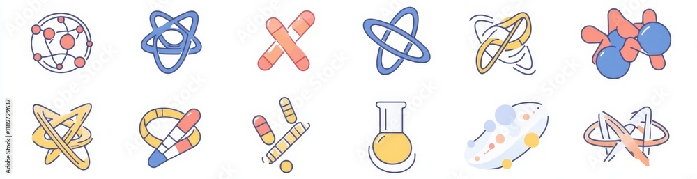 Poster a set of science elements showcasing scientific particles and molecular structures such as atoms, mo