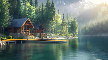 Fototapeta premium Sun glinting off lake with docks in water mansion lakeside properties with forest macro. Lakeshadow. Illustration