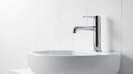 Fototapeta premium Clean modern chrome faucet pouring water into a pristine white basin against a bright tiled backdrop