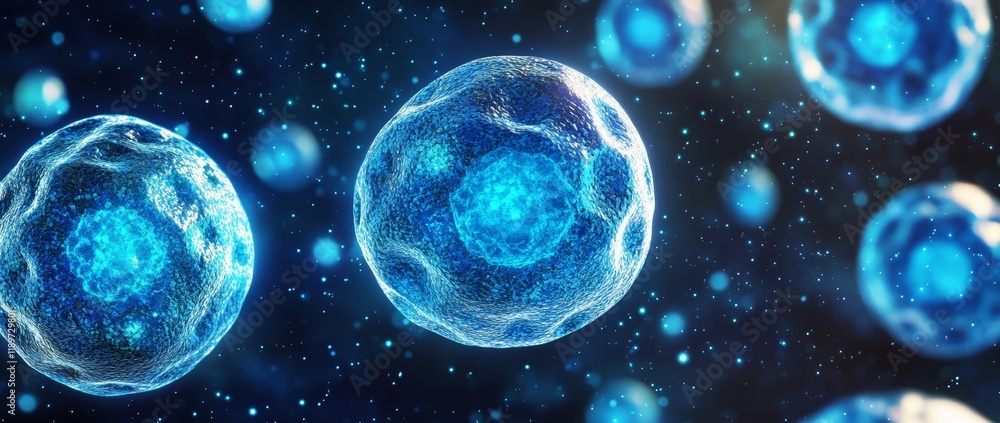 Poster a focused view of many balls placed before a blue backdrop, where the middle section includes a hazy