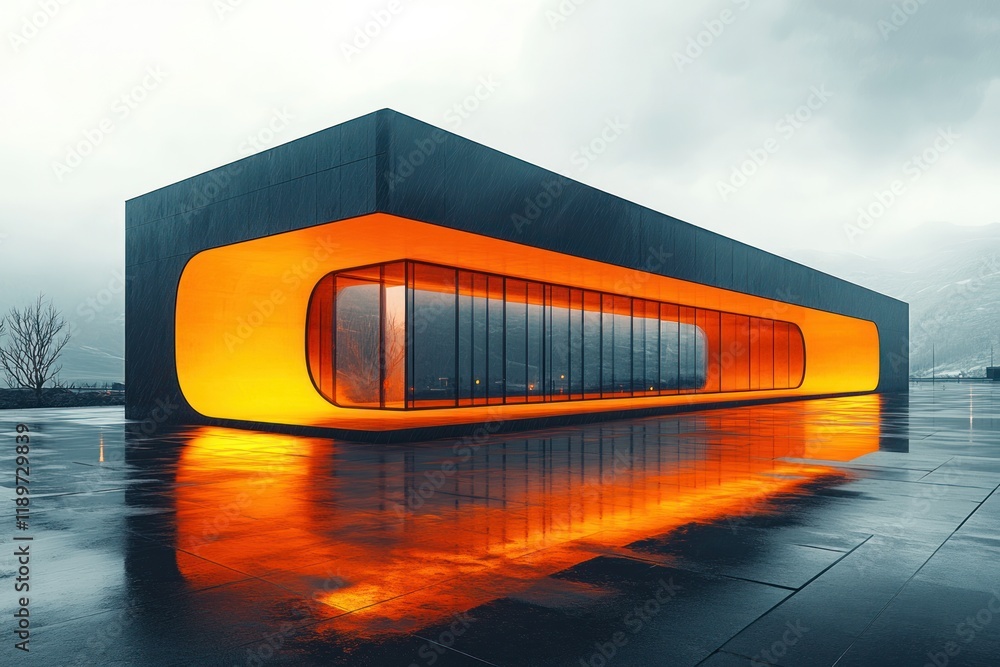 Poster modern abstract minimalist architecture with sharp angles and vibrant yellow accents against dark cl