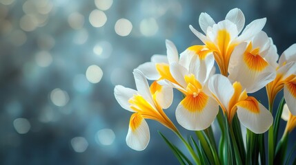 Elegant yellow and white irises with soft bokeh background
