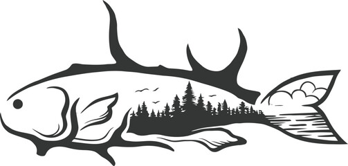 hunting Deer Duck and fish minimalist logo design	