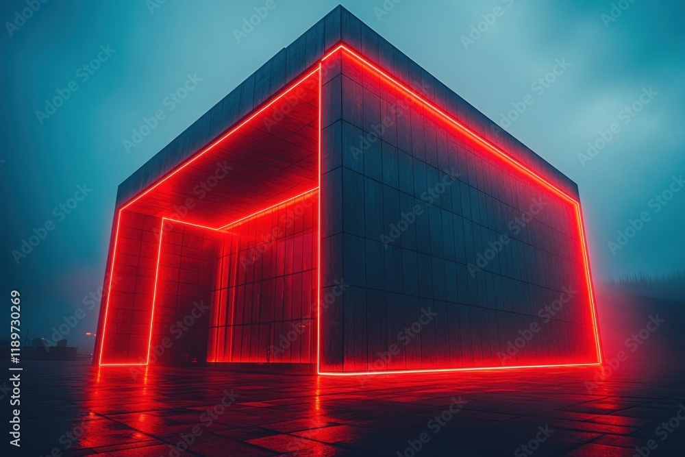 Poster futuristic angular building illuminated by red neon lights at dusk