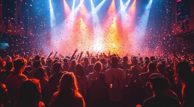Vibrant Concert Scene with Colorful Lights and Confetti at Nightclub during DJ Festival Celebration