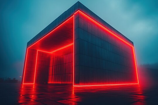 Futuristic angular building illuminated by red neon lights at dusk