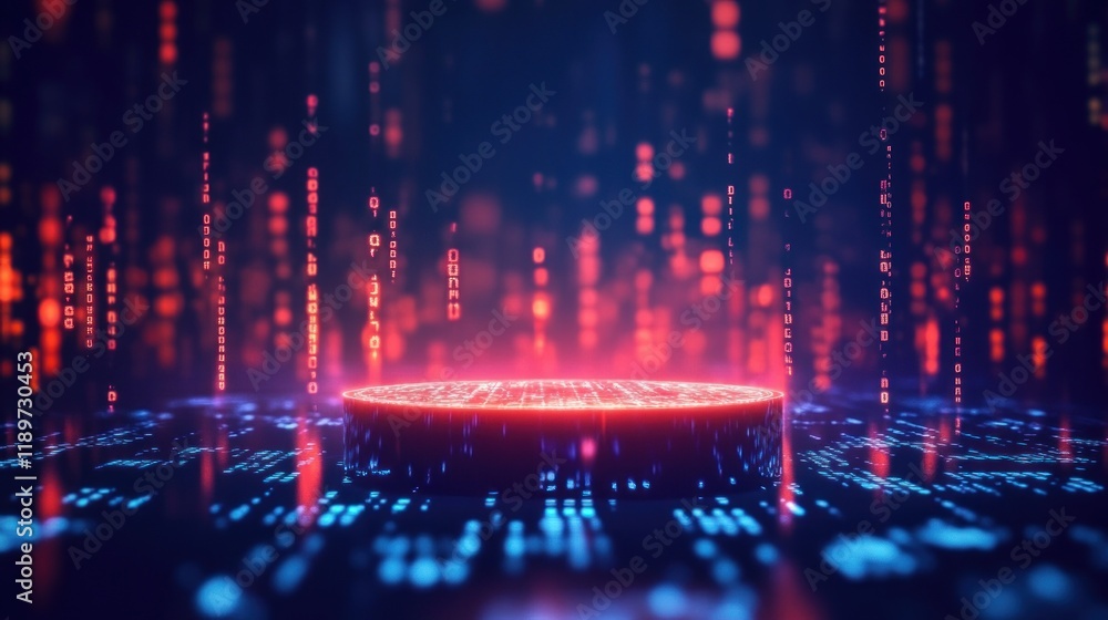 Poster futuristic digital podium with glowing binary code and neon lights in dark laboratory space