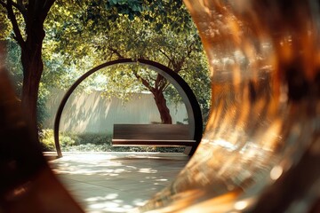 blurred abstract view of a bench under a lush tree modern eco office ambiance in sunlit environment