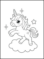 Black and White Unicorn Coloring Page for Kids. Cute, Hand-Drawn, Printable Activity Sheet with Cartoon Characters and Simple Doodles
