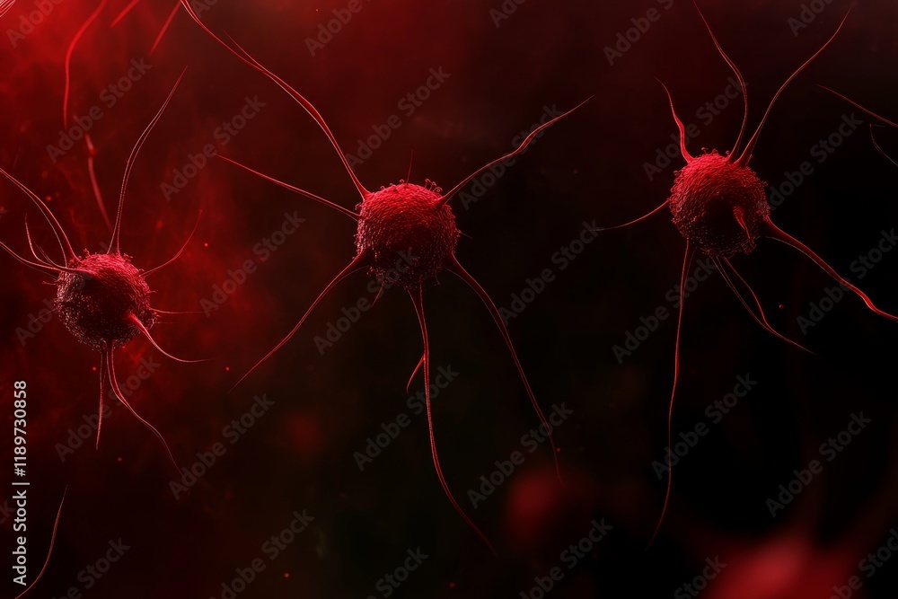 Poster an abstract portrayal of a virus on a dark backdrop, with complex structures and vivid hues that ins