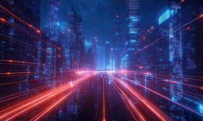 Futuristic Cityscape with Neon Skyscrapers Dynamic Light Trails in Cyberpunk Style