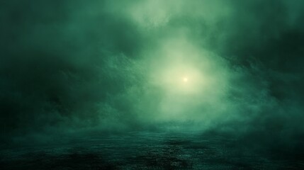 Mysterious green fog rolls across a dark landscape, a faint light piercing through the gloom.