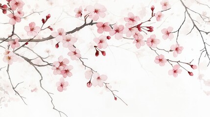 Beautiful spring illustration of cherry blossoms. Delicate pink flowers bloom on branches with grey delicate branches, leaves. Japanese style Sakura flowers. Vibrant colours. Tranquil scene. Perfect