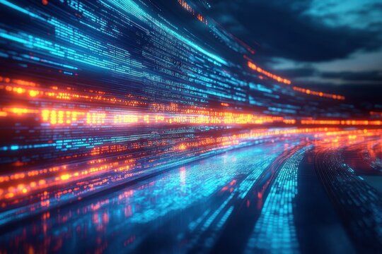 Futuristic Cyberpunk Digital Landscape with Glowing Code and Neon Lights