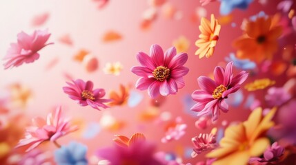 Vibrant pink and orange flowers floating in a soft pink background
