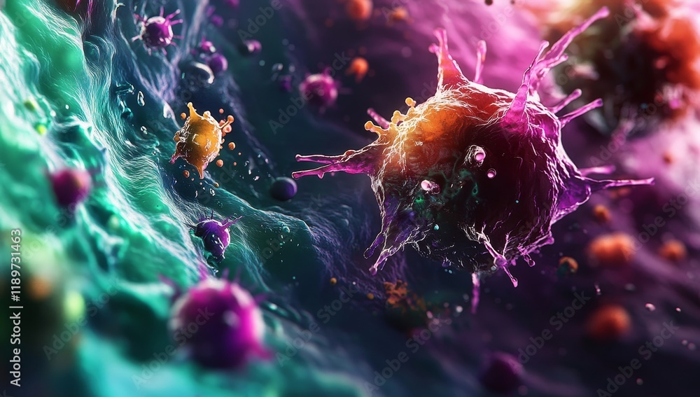 Poster a 3d rendering of diverse microbes, featuring virus cells and bacteria, set against an abstract back