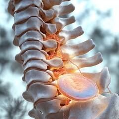 Detailed Anatomical Illustration of Spine with Herniated Disc Pressing Against Spinal Nerve
