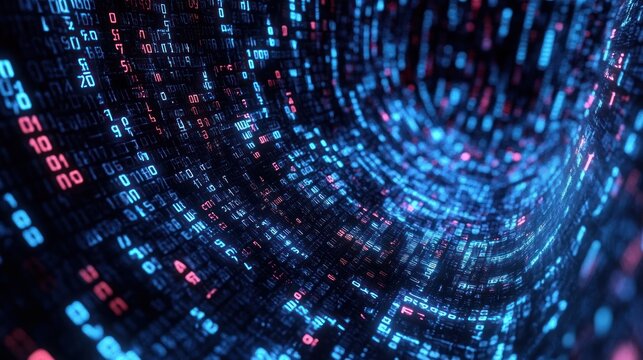 Futuristic Digital Landscape with Binary Code Streams and Neon Lights in Cyberpunk Style