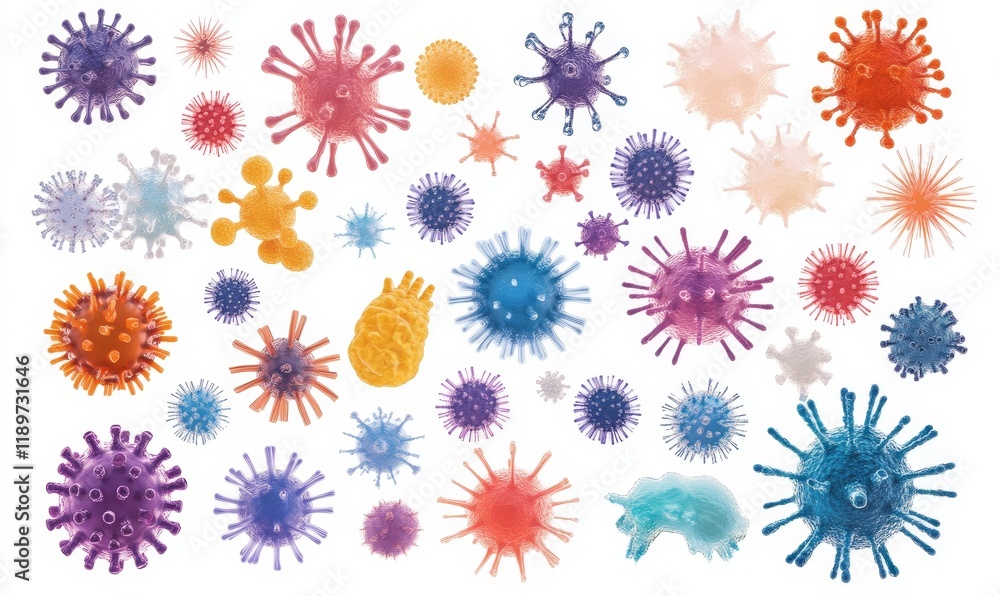 Poster a collection of colorful 3d virus and bacteria icons, showcasing abstract and visually appealing mic