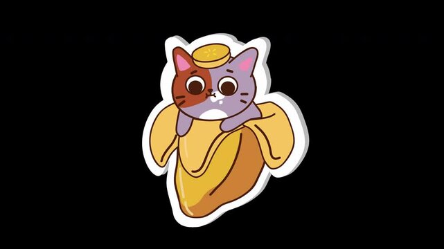 A cute cartoon cat with a split face design, wearing a hat, and wrapped in a yellow attire, set against a black background.