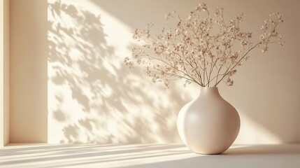 Elegant minimalist vase with shadow play featuring delicate dried flowers