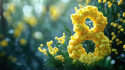 Yellow mimosa blossoms shaped in number eight amongst lush greenery