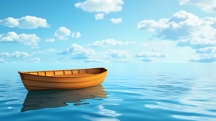 Naklejka premium Wooden mini floating boat on water and under summer blue sky. Lakeshadow. Illustration