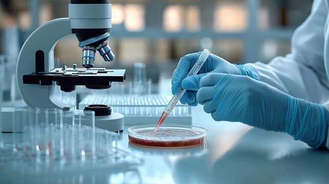 Lab tech analyzes saliva sample. Focused on patient history. Using microscope, equipment in clinical environment. Precise procedure for toxicology report. Medical diagnostic process. Research on